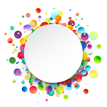 A white circular frame surrounded by a lively array of multicolored dots, perfect for joyful celebrations and vibrant announcements.のイラスト素材