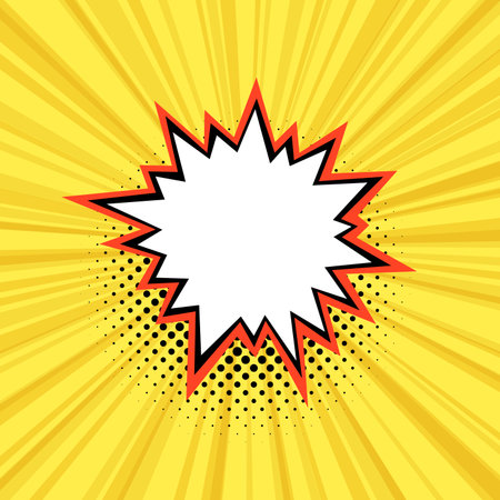Striking comic style burst with a central star shape, outlined in orange, against a yellow background with radial lines and halftone dots.のイラスト素材