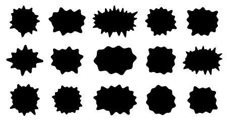 A diverse set of black starburst silhouettes presenting a variety of shapes and edges, ideal for graphic accents or overlays.のイラスト素材