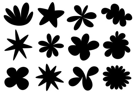 A collection of stylized black flower silhouettes in various shapes and sizes, designed with a minimalist aesthetic.のイラスト素材