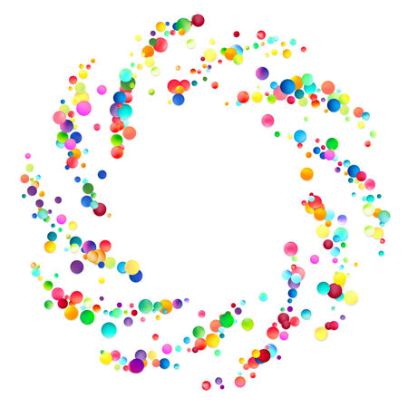 Colorful dots form a whimsical spiral pattern on a pure white background, evoking a sense of motion and celebrationのイラスト素材