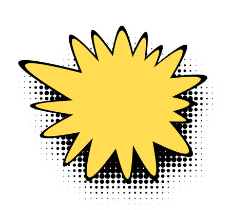 A vibrant yellow burst design in pop art style with a bold black outline and a contrasting dotted halftone background, creating a sense of explosion or excitement.のイラスト素材