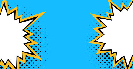 Two striking white starbursts with bold yellow and black outlines, set against a vibrant blue background with a dotted texture, reminiscent of classic comic book excitement.のイラスト素材