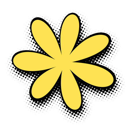 A radiant golden daisy-inspired graphic blooms with life, its bold black outline standing out against a crisp halftone dotted background, encapsulating a sunny pop art essence.のイラスト素材