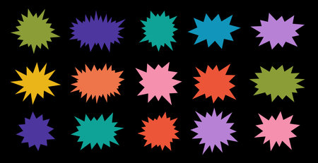 A lively assortment of spiky star shapes in various colors set on a dark backdrop, ideal for vibrant, attention-grabbing graphics.のイラスト素材