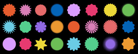 Vibrant silhouettes of various abstract shapes in multiple colors set on a black background, suitable for creative designs.のイラスト素材