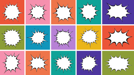 A grid of comic book speech bubbles with sharp, spiky borders against a multicolored background, capturing a playful and retro vibe.のイラスト素材