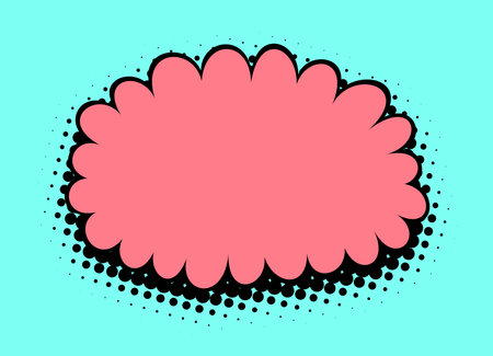 A playful wide-format illustration showcases a soft blush pink cloud-like shape with a sleek black outline, set against an aqua blue background dotted with pop art halftone for a fresh, lively scene.のイラスト素材