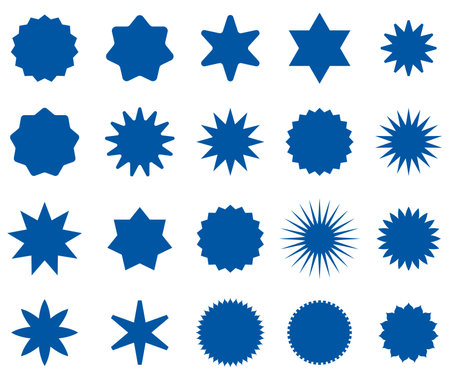 An array of blue badge and label designs with a variety of edges, suitable for logos, stickers, and emblems.のイラスト素材