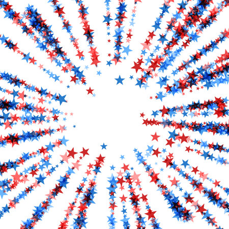 An array of red, white, and blue stars creating a dynamic burst pattern symbolizing American patriotism and celebration.のイラスト素材