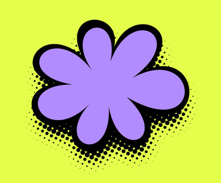 A vibrant square-format image that radiates with a violet flower silhouette, framed by bold black lines against a neon lime green backdrop, embellished with halftone dots for a striking pop art effect.のイラスト素材