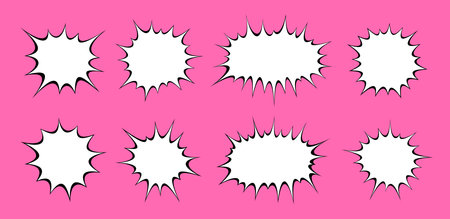 A playful series of white speech bubbles with black spiky borders, popping against a bold pink background, echoing the classic comic strip style.のイラスト素材