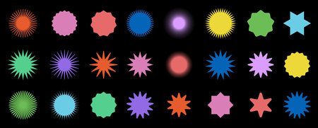 A diverse compilation of vibrant, neon-colored geometric shapes set against a stark black backdrop, ideal for modern designs.のイラスト素材