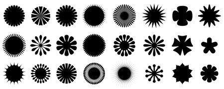A diverse collection of black geometric shapes against a white background, ideal for graphic design elements or patterns.のイラスト素材