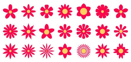 A vibrant collection of red flowers with yellow centers presented in various stylized forms, evoking a playful and cheerful floral pattern on a white background.のイラスト素材