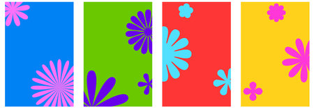 A colorful quartet of panels, each featuring bold floral graphics in contrasting shades of blue, green, red, and yellow for a lively, pop art-inspired composition.のイラスト素材