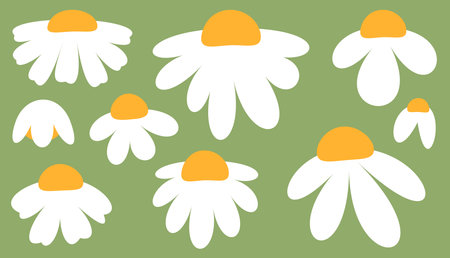 Whimsical white daisies with orange centers float on an olive green background, offering a playful and natural vibe.のイラスト素材