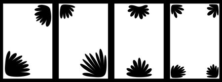 A minimalist design featuring stark black botanical silhouettes arranged on white vertical panels, embodying simplicity and elegance.のイラスト素材