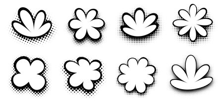 Collection of stylized black and white comic flare bubbles with halftone effect, ideal for dynamic graphic storytelling and dramatic emphasis.のイラスト素材