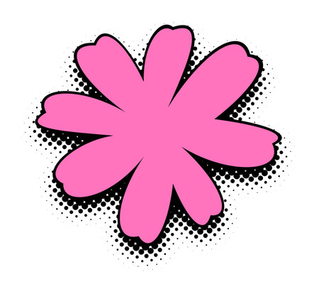 A hot pink flower with a bold pop art essence, featuring a halftone effect and stark black outlines, stands out on a crisp white background for a minimalistic yet striking look.のイラスト素材