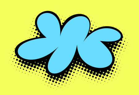 A lively sky blue flower in a pop art style, accented with bold black lines and halftone shading, stands out against a bright yellow background for a joyful and vivid effect.のイラスト素材