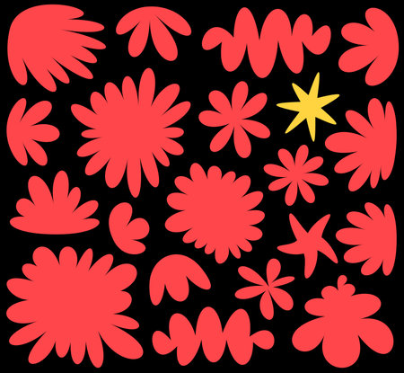 A striking arrangement of red floral silhouettes with a solitary yellow star, creating a bold contrast on a black background.のイラスト素材