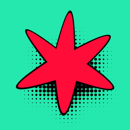 A crimson star bursts forward on a teal backdrop dotted with black halftone, evoking the dynamic energy of classic pop art.のイラスト素材