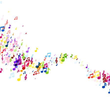 An abstract wave composed of a dense cluster of colorful musical notes cascading across a white background, embodying the flow of music.のイラスト素材