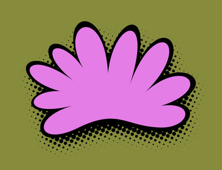 A captivating wide-format illustration displays a magenta floral shape with dark outlines, against a rich olive green background, enhanced with the dotted texture of pop art halftone for dramatic effect.のイラスト素材