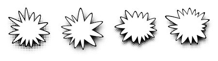 A sequence of black and white comic explosion shapes with halftone shading, conveying action and drama in visual media.のイラスト素材