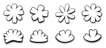 Collection of stylized black and white comic flare bubbles with halftone effect, ideal for dynamic graphic storytelling and dramatic emphasis.のイラスト素材