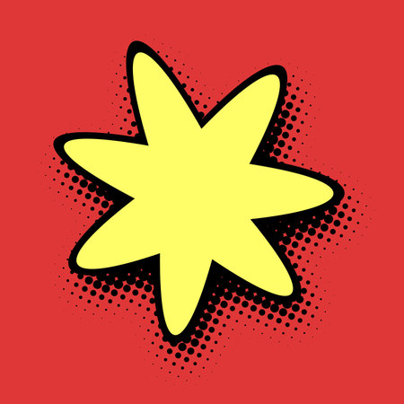 A lively yellow star pops with energy against a red halftone dotted background, embodying a vibrant pop art style with a punchy visual impact.のイラスト素材