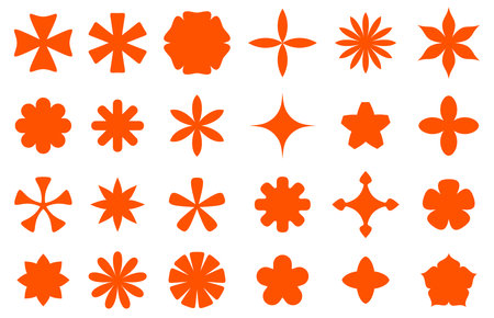 Collection of orange abstract icons with various floral and star-like designs, ideal for creative graphics.のイラスト素材