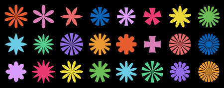 A collection of simple yet striking starburst shapes in a spectrum of bold colors against a pure black backdrop, perfect for vibrant designs.のイラスト素材