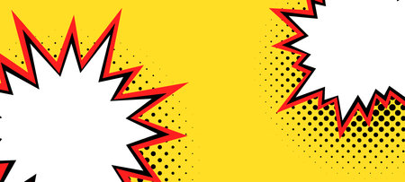 A wide format design with two explosive speech bubbles, featuring a vivid yellow background, red jagged edges, and a classic black halftone shadow, reminiscent of vintage comic book art.のイラスト素材