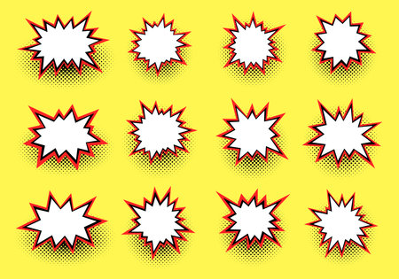 A vibrant pattern of red and black outlined speech bubbles with halftone shading on a yellow background.のイラスト素材