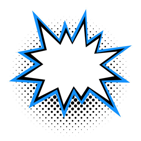 A bold white starburst framed with a jagged blue and black outline, peppered with halftone dots against a subtle grey speckled backdrop, channeling a retro comic book flair.のイラスト素材