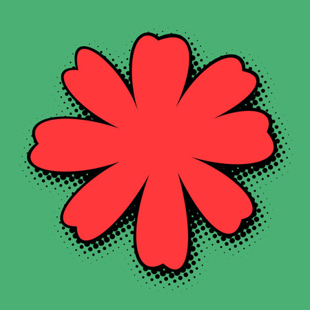 A coral-colored flower with a bold black outline blossoms against an emerald green backdrop, complete with halftone dots for a classic pop art flair.のイラスト素材