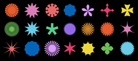 A dynamic collection of abstract shapes in neon glow colors set against a dark background, creating a striking contrast. Vector illustration.のイラスト素材