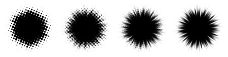 A series of four black halftone dot gradients varying in density and spread, perfect for backgrounds, textures, and graphic elements.のイラスト素材
