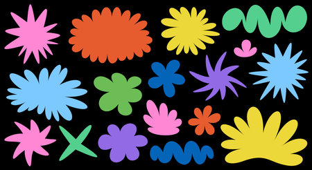 A collection of bold, abstract shapes in a variety of colors spread across a dark background, evoking a sense of creativity and imagination.のイラスト素材