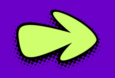 A vibrant wide-format image depicting a lime green arrow symbol, outlined in bold black, against a deep purple pop art backdrop, punctuated with a halftone dot pattern for a striking graphic effect.のイラスト素材
