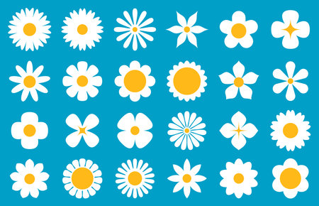 An array of daisy illustrations in white and yellow, showcasing different petal designs on a serene blue background, evokes a cheerful springtime feel.のイラスト素材