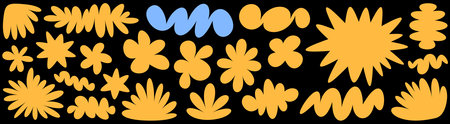 An artistic array of yellow abstract shapes on a black background, conjuring thoughts of joy and energy in a monochromatic theme.のイラスト素材