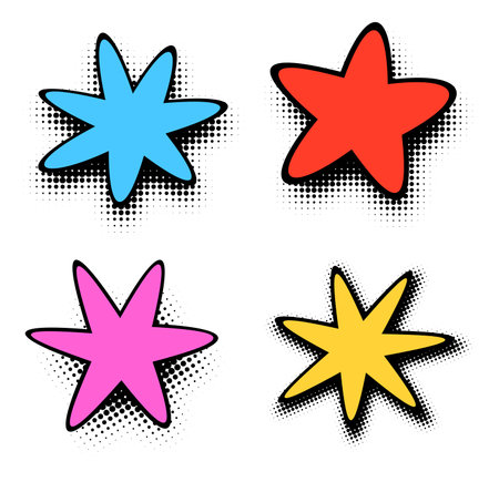 A lively assortment of star-shaped comic graphics in pop art colors with halftone textures, suitable for playful and impactful visual narratives.のイラスト素材