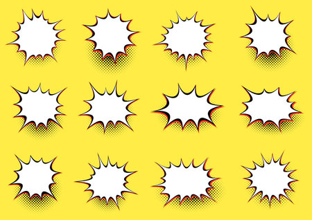 A lively array of white comic bursts set against a yellow halftone background, with each bubble edged in black and red for a classic pop art effect.のイラスト素材