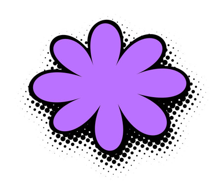 A captivating purple petal design bursts forward with a sharp black edge, set against a speckled halftone background, for a bold pop art statement.のイラスト素材
