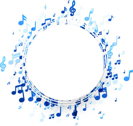 An elegant circular frame encircled by a dynamic arrangement of blue music notes, perfect for encapsulating announcements or highlighting musical events.のイラスト素材