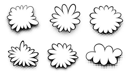 Set of unique black and white comic-style speech bubbles with halftone shading, perfect for varied expressions in graphic novels and comic strips.のイラスト素材