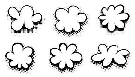 A versatile set of abstract cloud-shaped comic bubbles with halftone backgrounds, suitable for various types of graphic communication and design.のイラスト素材